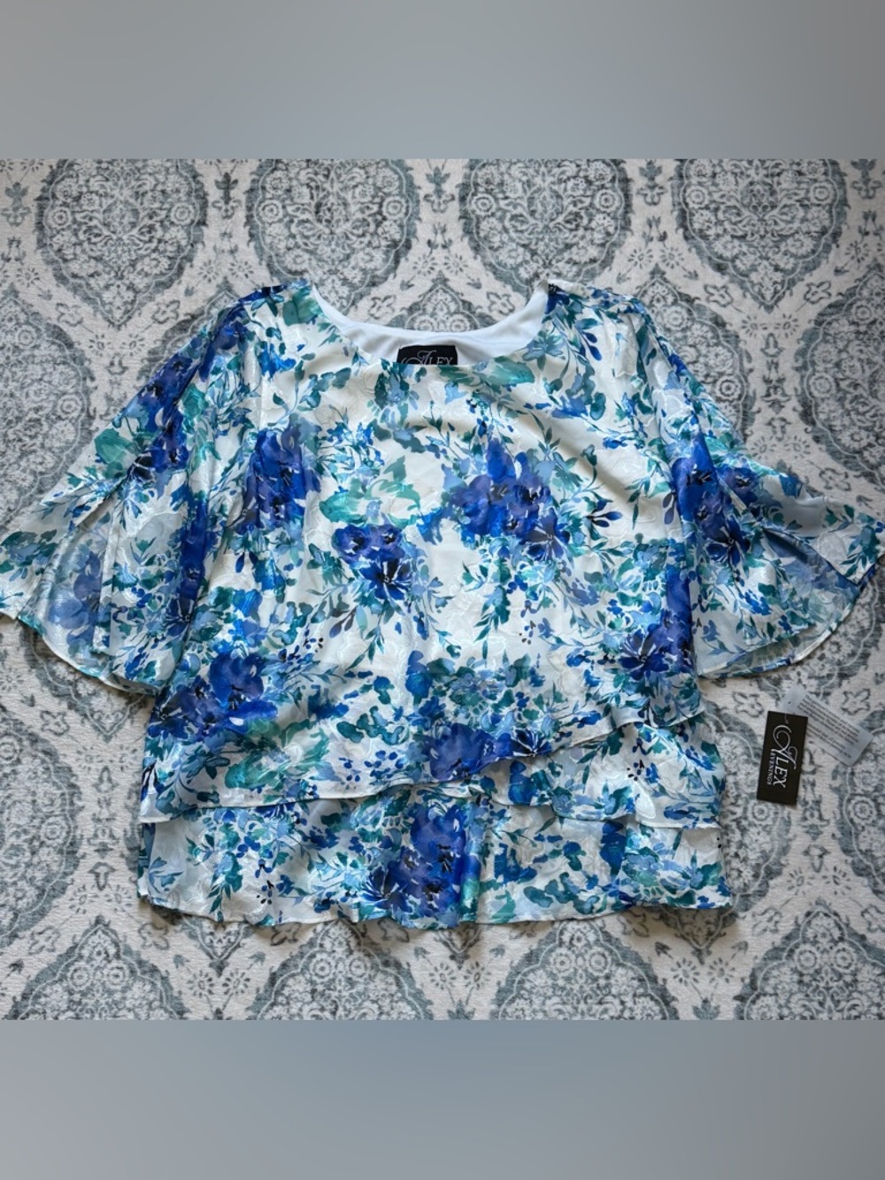 Alex Evenings Blue & White Floral Ruffle Sleeve Blouse